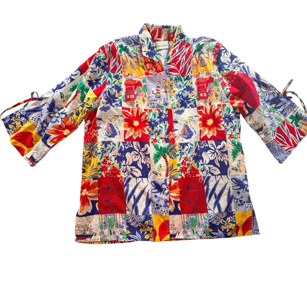Napa Valley Button Down Shirt Womens L Cotton Tropical Patchwork Novelty Print